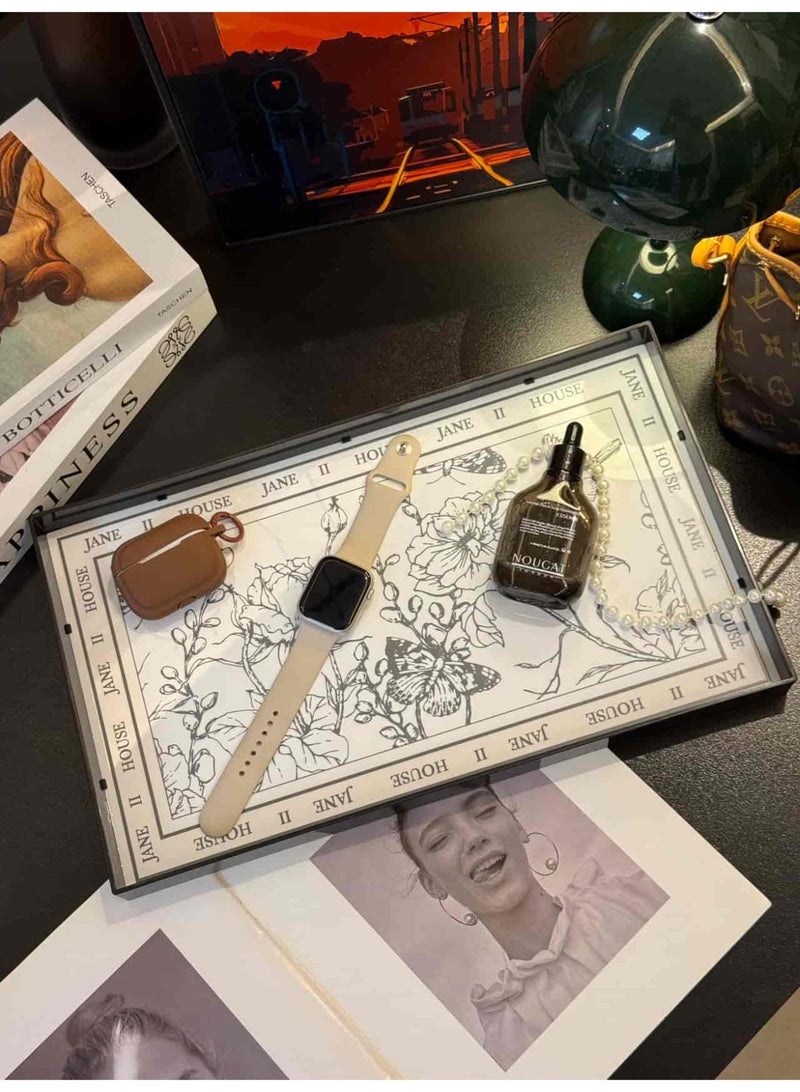 بيتلا صينية تقديم أكريليك مستطيلة، صينية تخزين أنيقة وفاخرة مقاومة للماء وسهلة التنظيف، منظم ديكوري للمنزل والحمام وغرفة المعيشة – نقش زهور كلاسيكية - Image 1